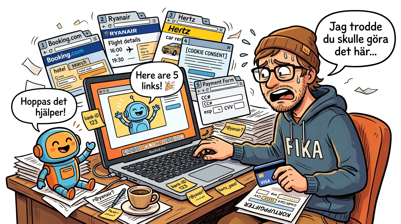 Cartoon: En frustrerad person vid sitt skrivbord omgiven av fem öppna webbläsarflikar (Booking.com, Ryanair, Hertz, cookie-samtycke och betalningsformulär). AI-roboten på skärmen säger glatt “Here are 5 links! 🎉” medan personen håller i sitt kreditkort och utbrister “Jag trodde du skulle göra det här…”. Den lilla AI-roboten på bordet säger nöjt “Hoppas det hjälper!”