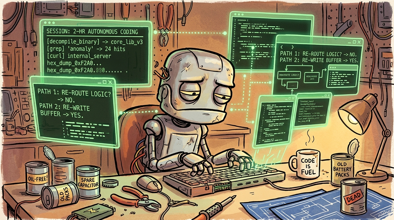 En AI-robot mitt i en 2 timmars autonom session med dekompilering, tool calls och logganalys