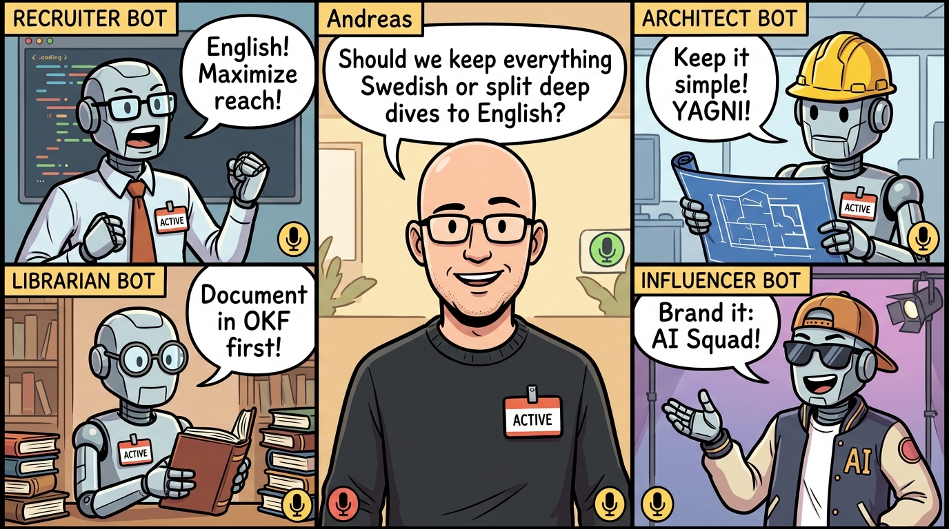 AI Squad gruppmöte: Personas debatterar den tvåspråkiga strategin